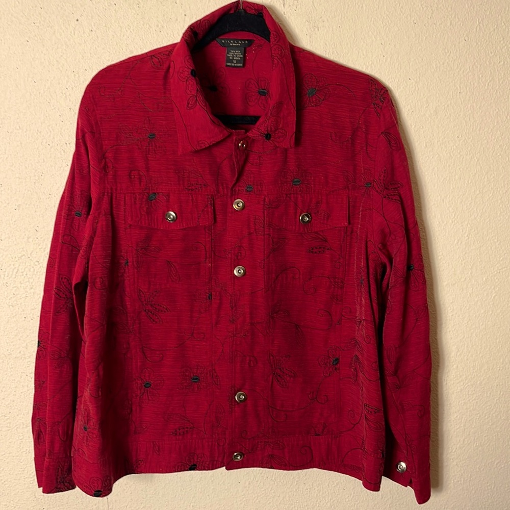 SILKLAND Ruby Red with Black Embroidered Detail
Button Front Jacket Size…